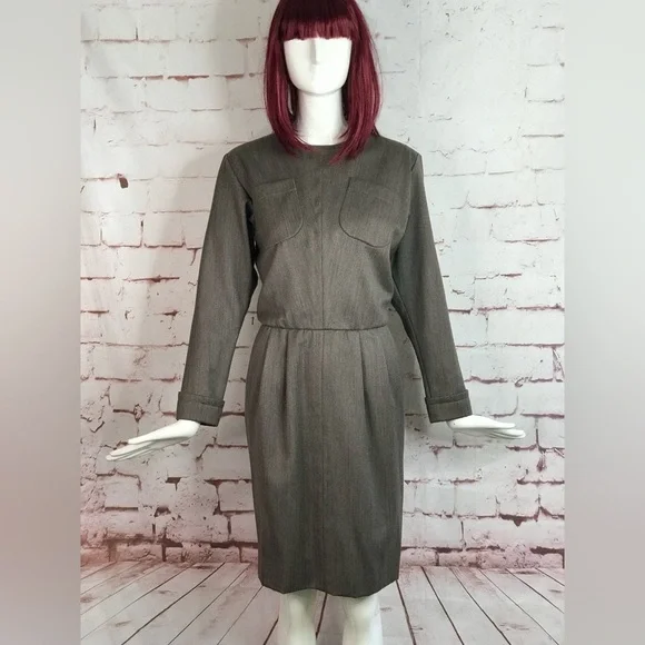 VINTAGE SAINT LAURENT PARIS RIVE GAUCHE Taupe knee length dress Size Large - Picture 13 of 15